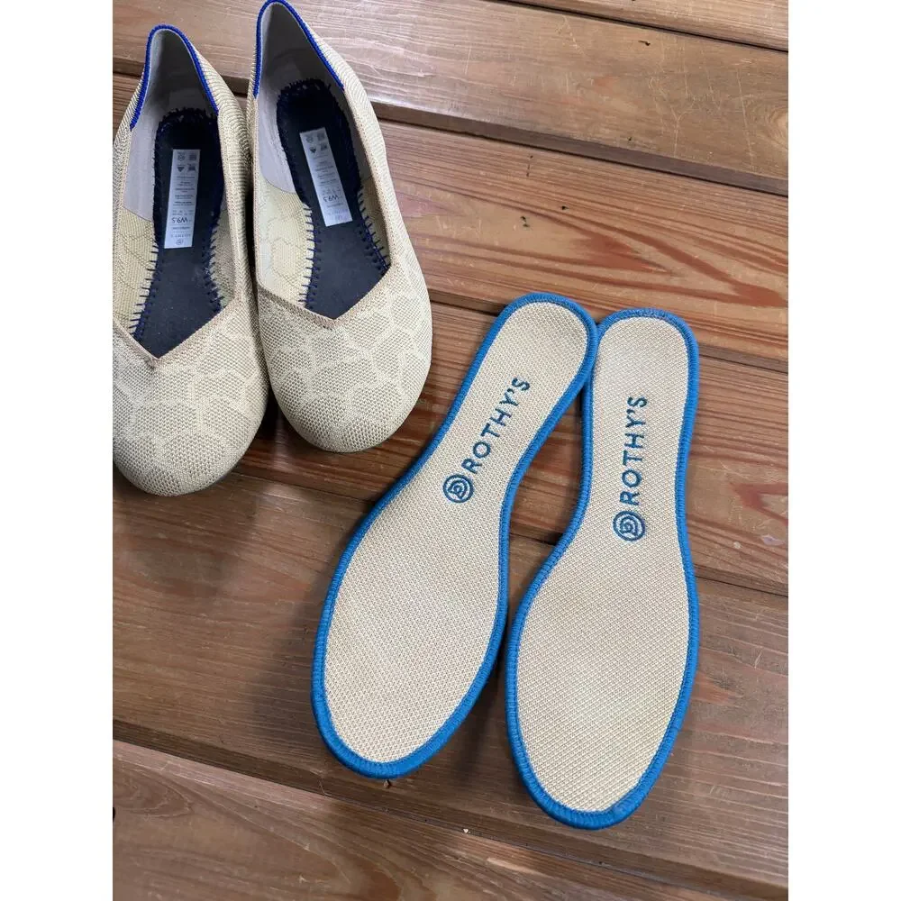 Rothy’s The Flat Beige Tan Knit Ballet Flats Blue Trim Women’s 9.5 Washable